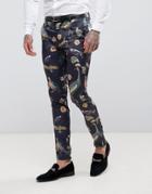 Asos Super Skinny Suit Pants With Birds Of Paradise Print - Navy