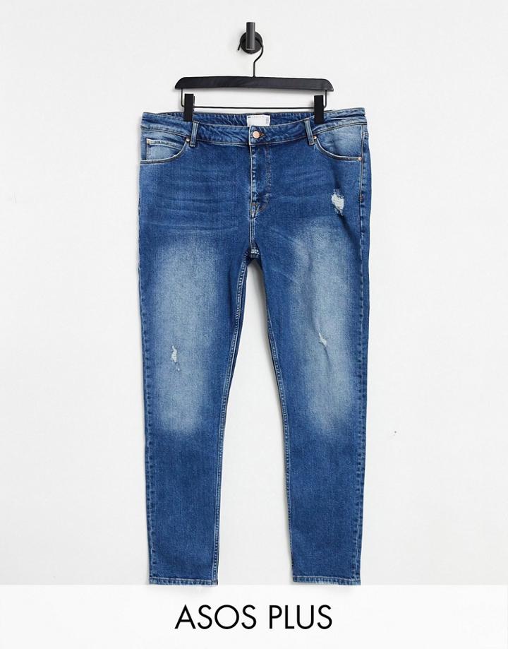 Asos Design Plus Super Skinny Jeans In Dark Wash With Abrasions-blues