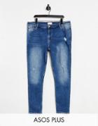 Asos Design Plus Super Skinny Jeans In Dark Wash With Abrasions-blues