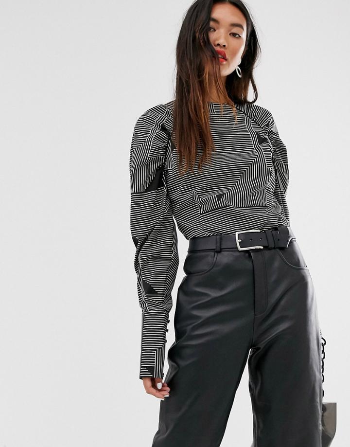 Selected Femme Geo Stripe Top With Exaggerated Sleeve-multi