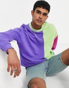 Asos Design Oversized Sweatshirt In Purple And Green Color Block-multi