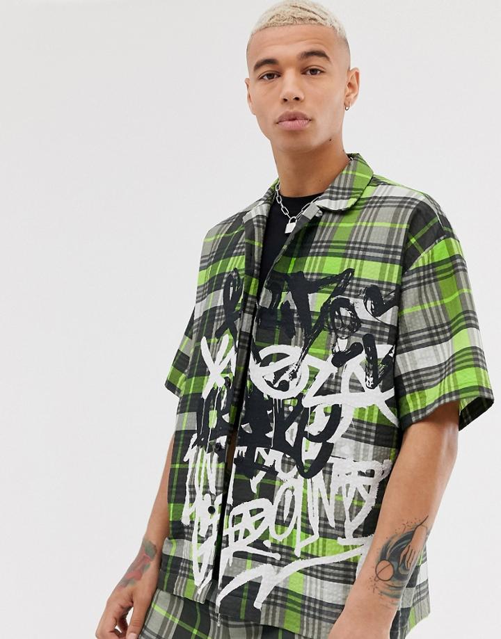 Jaded London Two-piece Revere Collar Shirt In Neon Green Check With Graffiti - Green
