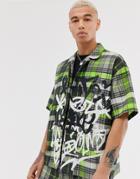 Jaded London Two-piece Revere Collar Shirt In Neon Green Check With Graffiti - Green