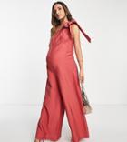 Asos Design Maternity Tie One Shoulder Linen Jumpsuit In Red Brick
