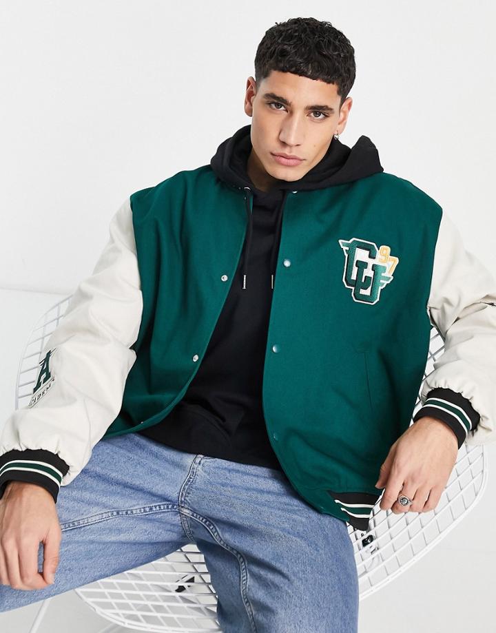 Asos Design Oversized Varsity Bomber Jacket With Badging In Green And Ecru