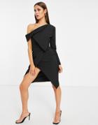 Lavish Alice One Shoulder Bardot Neck Asymmetric Midi Blazer Dress In Black