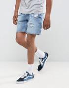Bershka Slim Denim Shorts With Distressed Features In Mid Wash - Blue