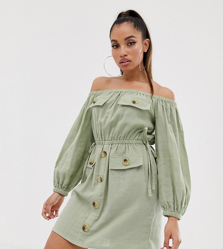 Asos Design Petite Off Shoulder Utility Mini Dress With Pocket Detail-green