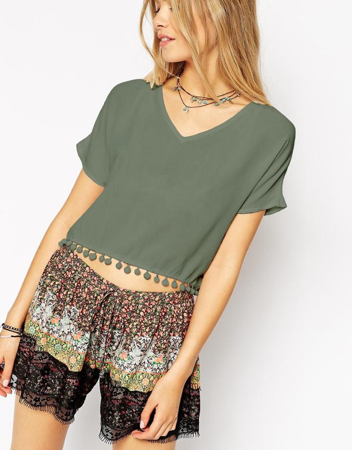 Asos Cropped V Neck T-shirt With Pom Pom Trim Hem - Khaki