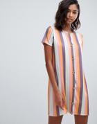 Prettylittlething Button Through T-shirt Dress In Stripe - Multi