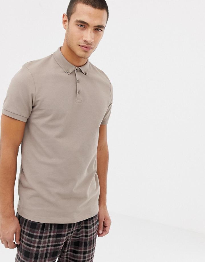 Asos Design Polo In Pique With Button Down Collar In Beige - Beige