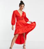 Collective The Label Petite Exclusive Volume Sleeve High Low Midaxi Dress In Red