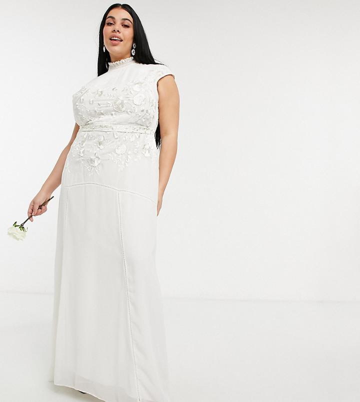 Hope & Ivy Plus Bridal Floral Beaded And Embroidered Maxi Dress With Keyhole Back In Ivory-white