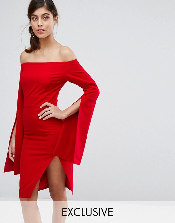 Dark Pink Midi Dress With Oversize Sleeve & Split - Red