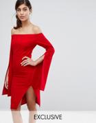 Dark Pink Midi Dress With Oversize Sleeve & Split - Red