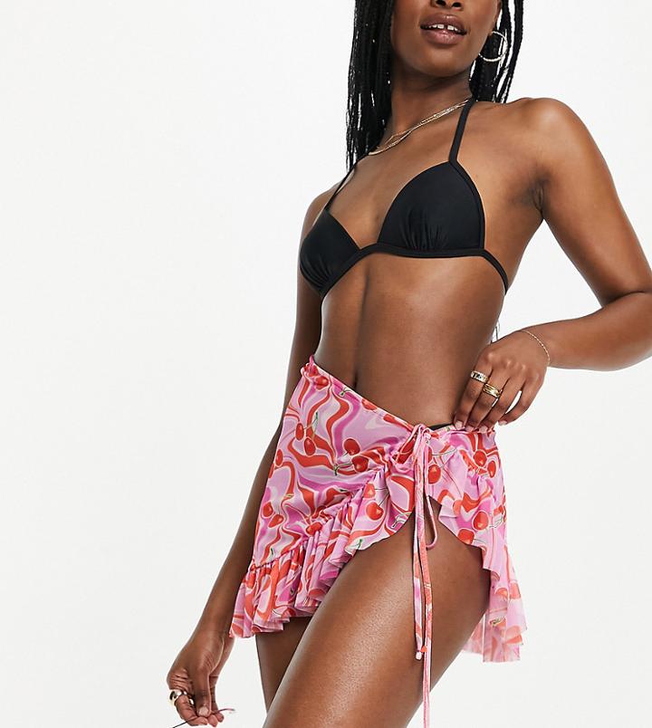 Asyou Mesh Frill Sarong Beach Skirt In Cherry Print - Part Of A Set-pink