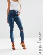 Asos Petite Ridley Skinny Jeans In Mottled Dark Wash With Ripped Knees - Indigo