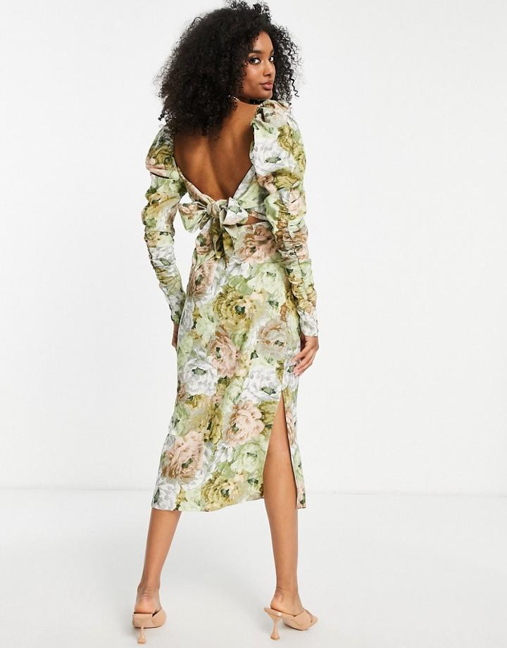 Asos Design Ruched Detail Midi Dress With Wrap Bodice In Floral Print-multi
