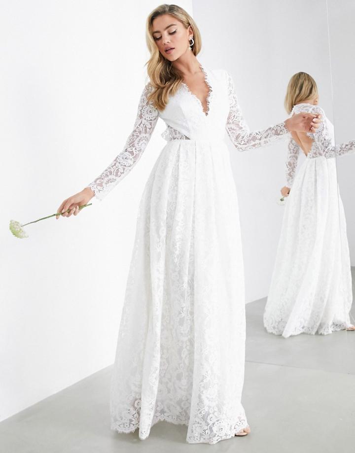 Asos Edition Penelope V-neck Lace Wedding Dress With Open Back-white