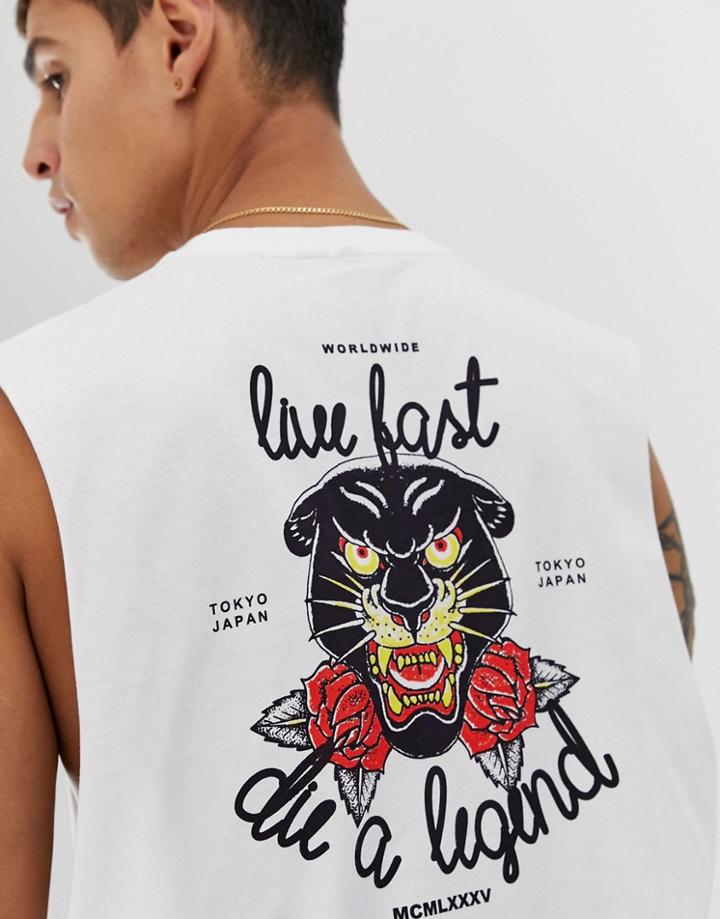 Asos Design Sleeveless T-shirt With Dropped Armhole With Black Leopard And Text Print - White