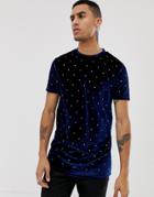 Asos Design Longline T-shirt In Velour With All Over Embellished Gems - Navy