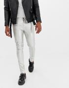 Asos Design Super Skinny Jeans In Silver Leather Look - Silver