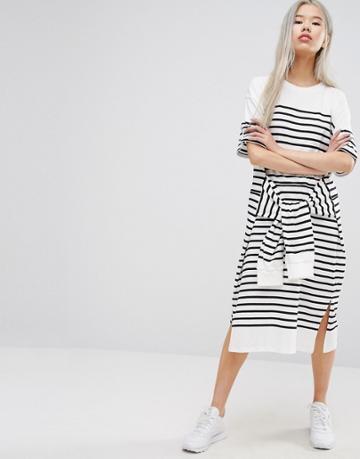 Stylenanda Oversized Midi T-shirt Dress With Tie Waist In Stripe - Black
