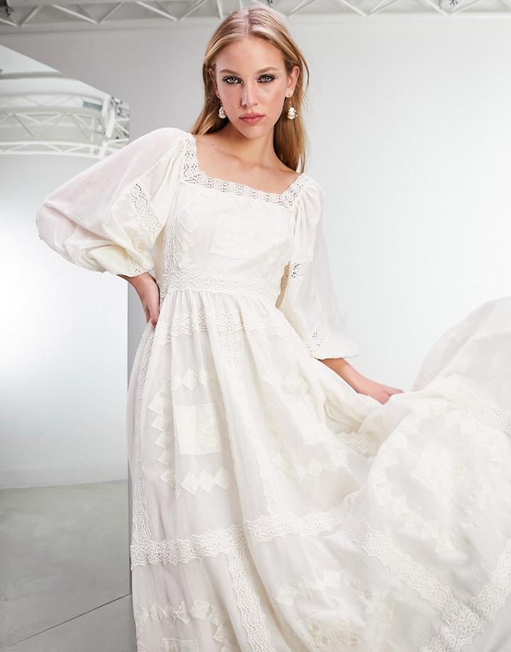 Asos Edition Birdie Embroidered Midi Dress With Crochet Lace Trim-white