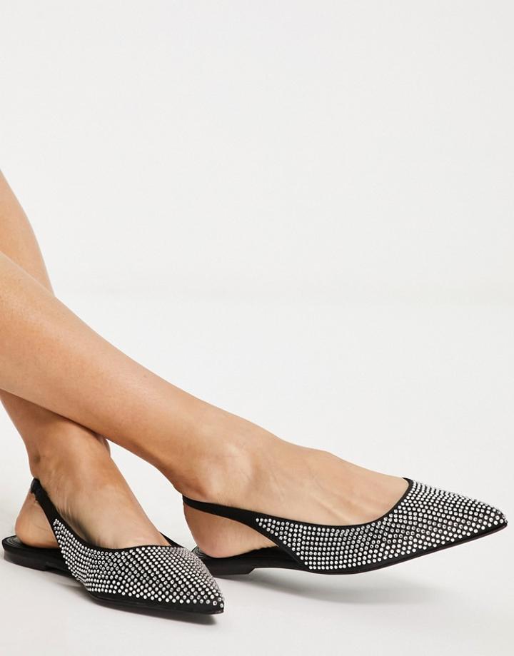 Asos Design Lala Pointed Slingback Flats In Black/silver Diamante