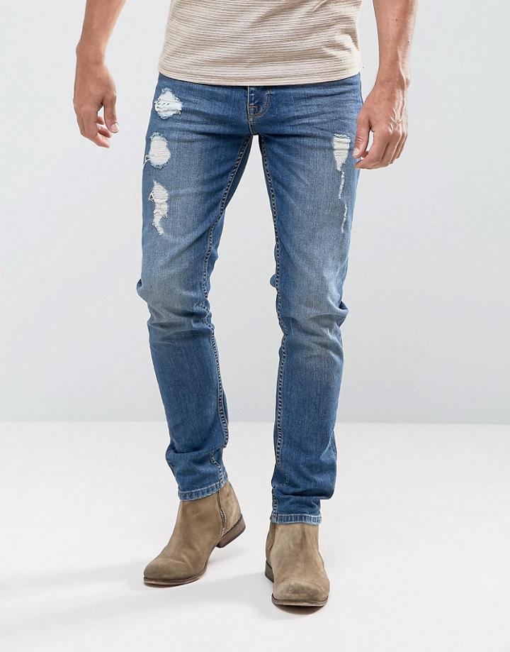 Asos Skinny Jeans In 12.5oz Vintage Mid Wash Blue With Rips - Blue