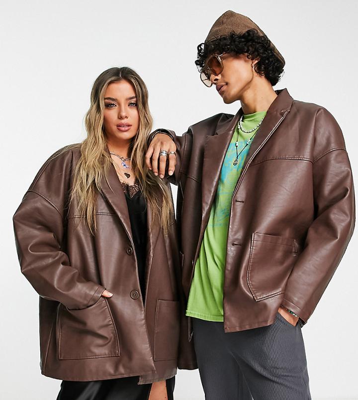 Reclaimed Vintage Inspired Unisex Faux Leather Dad Jacket In Chocolate-brown