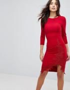 Little Mistress Long Sleeve Pencil Dress With Side Split And Applique Detail - Red