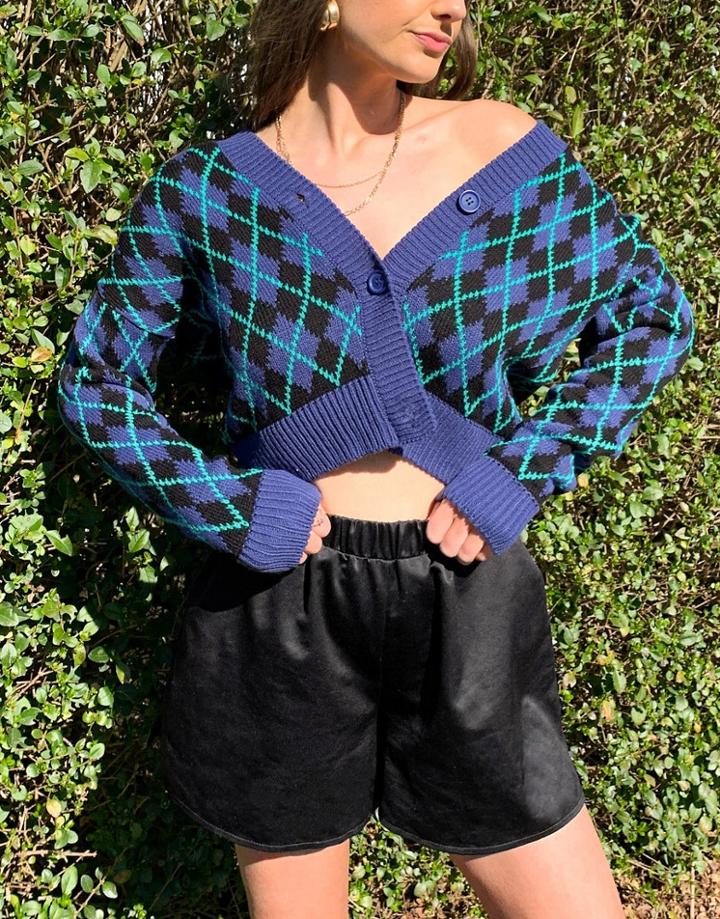 Asos Design V Neck Cardigan In Argyle Pattern In Navy