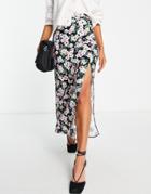Asos Design Midi Skirt With Thigh Slit In Dark Based Floral-multi