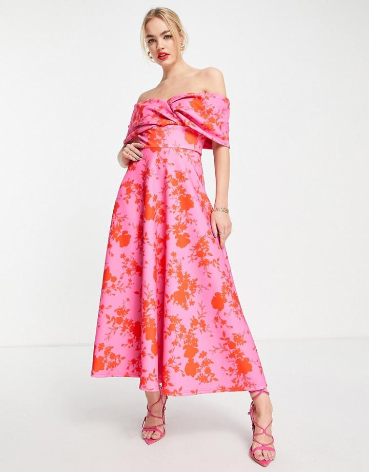 True Violet Off Shoulder Prom Midi Dress In Pink And Red Floral