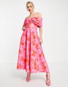 True Violet Off Shoulder Prom Midi Dress In Pink And Red Floral