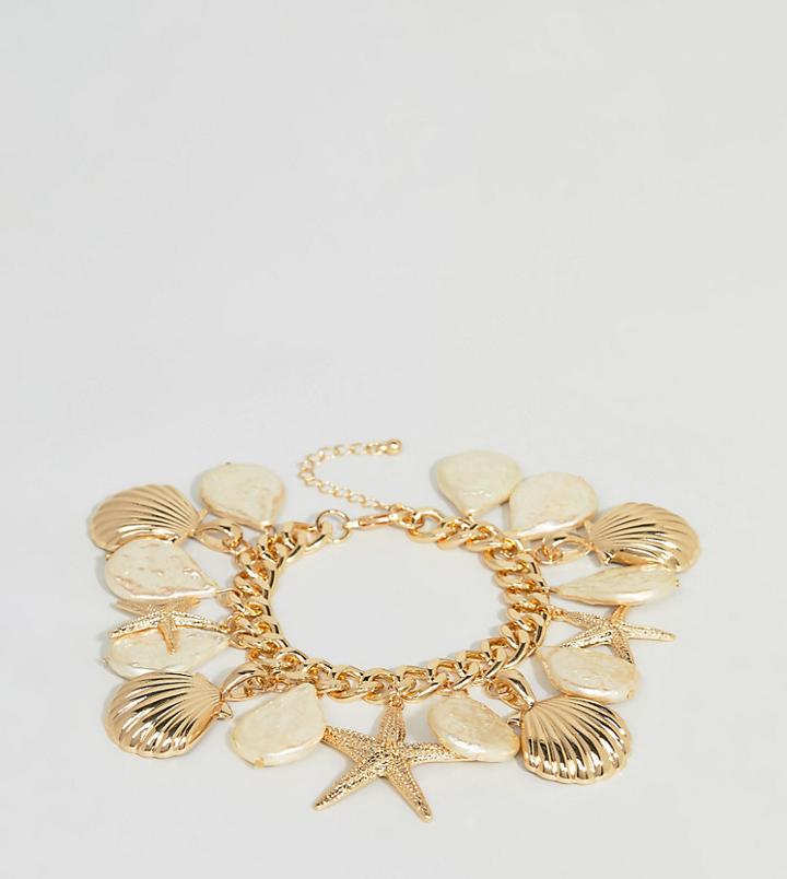 Asos Design Curve Exclusive Bracelet With Shell And Pearl Charms In Gold - Gold