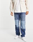 River Island Baggy Patchwork Jeans In Mid Blue-blues
