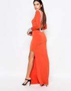 Rare Long Sleeve Maxi Dress With Jewelled Neckline & Cuff - Orange