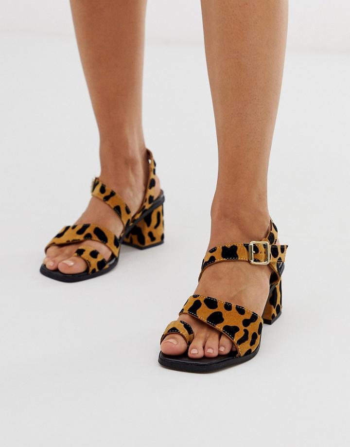 Asos Design Hickery Premium Suede Toe Loop Block Heeled Sandals In Leopard-multi
