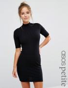 Asos Petite Mini Bodycon Dress In Chunky Rib With Half Sleeve - Black