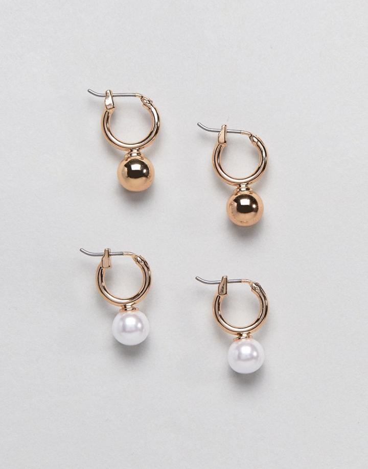 Monki 2 Pack Pearl And Ball Stud Hoops - Gold