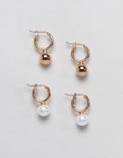 Monki 2 Pack Pearl And Ball Stud Hoops - Gold