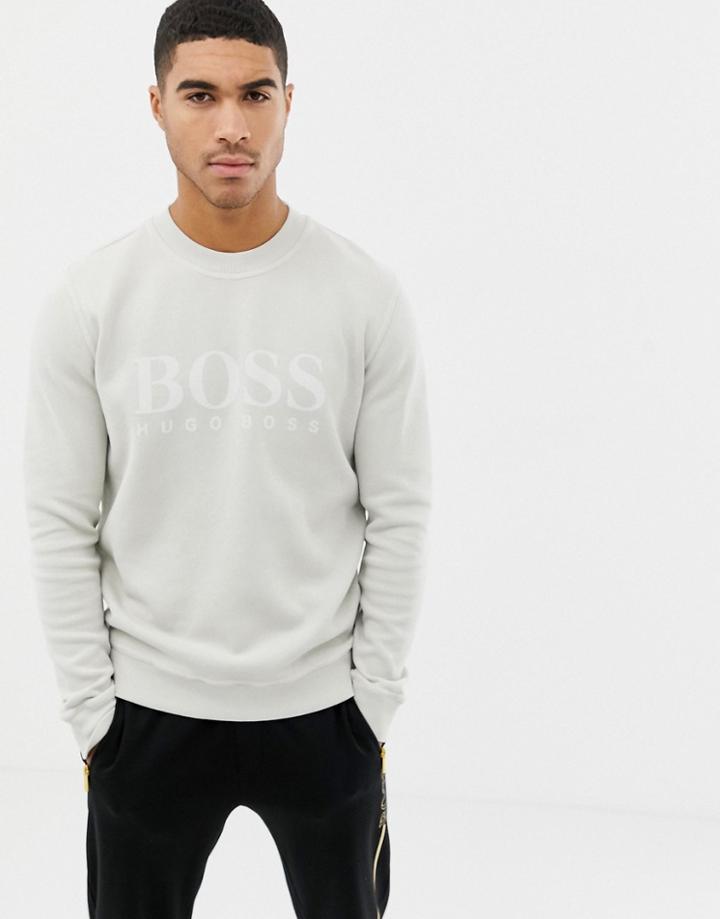 Boss Weave Large Logo Crew Neck Sweat In Stone - Stone