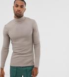 Asos Design Tall Muscle Fit Long Sleeve Roll Neck T-shirt In Rib In Beige