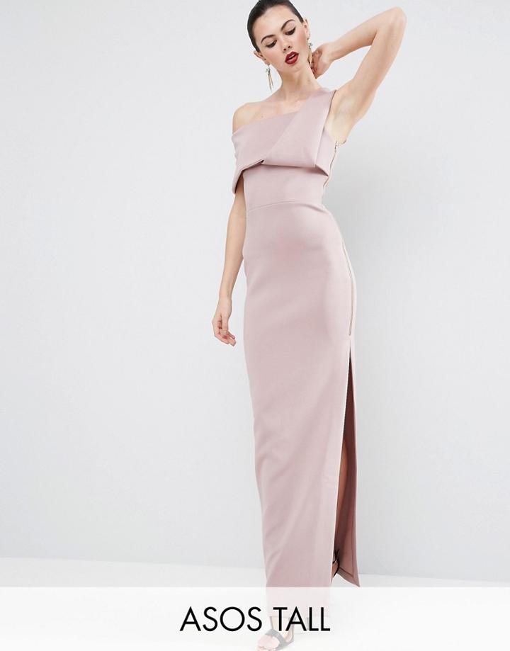 Asos Tall Scuba One Shoulder Fold Maxi Dress With Exposed Zip - Pink
