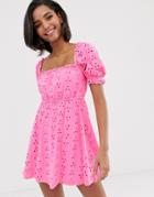 Asos Design Prairie Broderie Mini Dress-pink