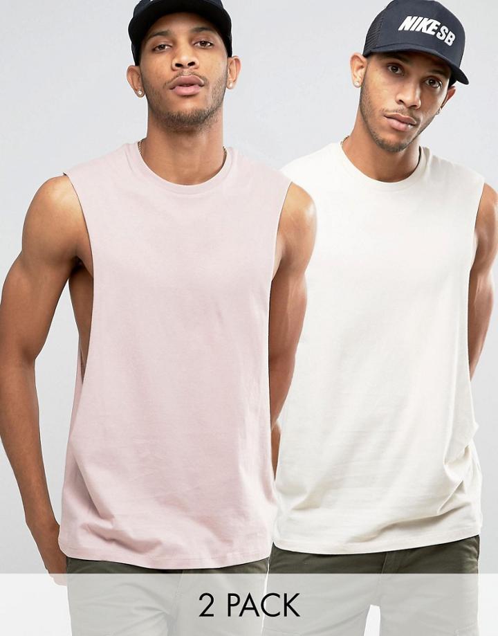Asos 2 Pack Sleeveless T-shirt In Pink/grey With Extreme Dropped Armho