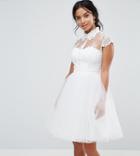 Chi Chi London Petite Mini Tulle Skater Dress With Lace Collar - White