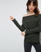 Asos Sweater With Off Shoulder In Rib - Green